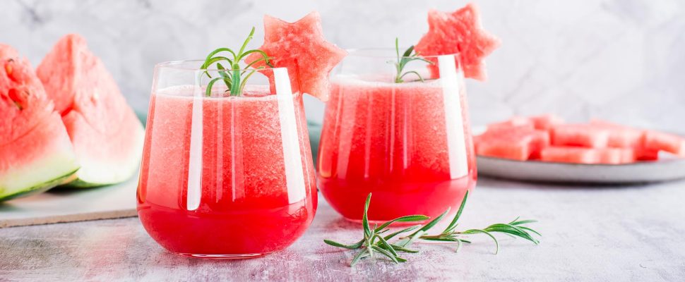 Fresh watermelon juice in glasses on the table. Summer refreshing drinks